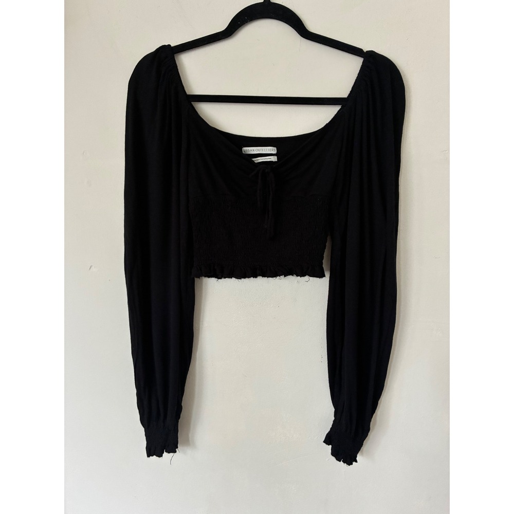 Urban Outfitter Black Smocked Long Sleeve Crop Top Sweetheart Neckline S Neutral